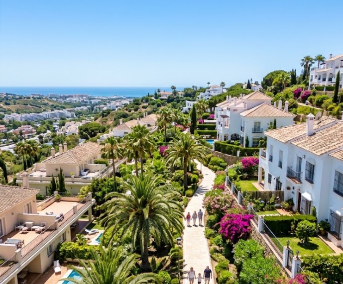 Vistas de los chalets, casas adosadas y calles residenciales de Montealto en Benalmádena, Málaga
